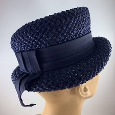 Vintage Ladies  Navy Blue Straw Hat With Nylon Band