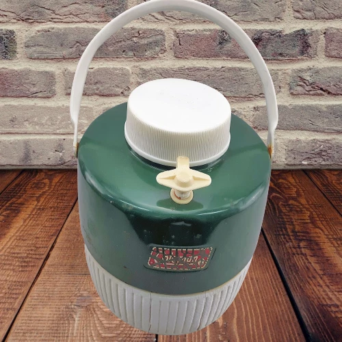 Vintage Coleman Water Cooler Drink Dispenser With Cup Green White 1 Gallon -Used
