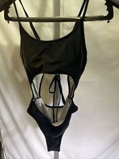 Women's Black one piece Bathing Suit Size large Open Tummy and Back Laced Close
