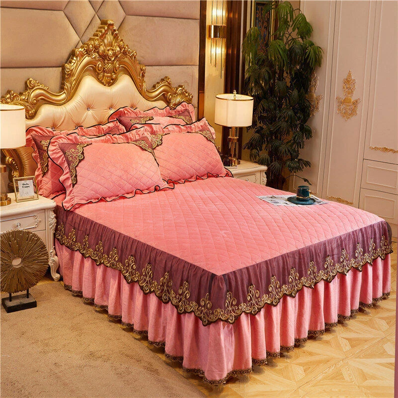Velvet Bedspread Lace Quilted Drop Bed Skirt King Queen Fitted Sheet Pillowcases - Image 2 of 4