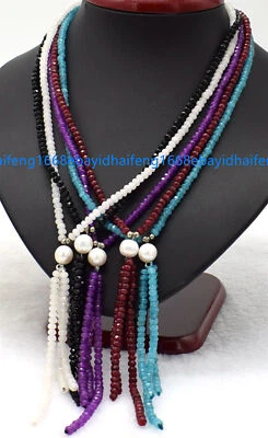 Facettiert 2x4mm Mehrfarbig Edelstein & Weiß Perle Anhänger Halskette 18'' - Bild 1 von 4