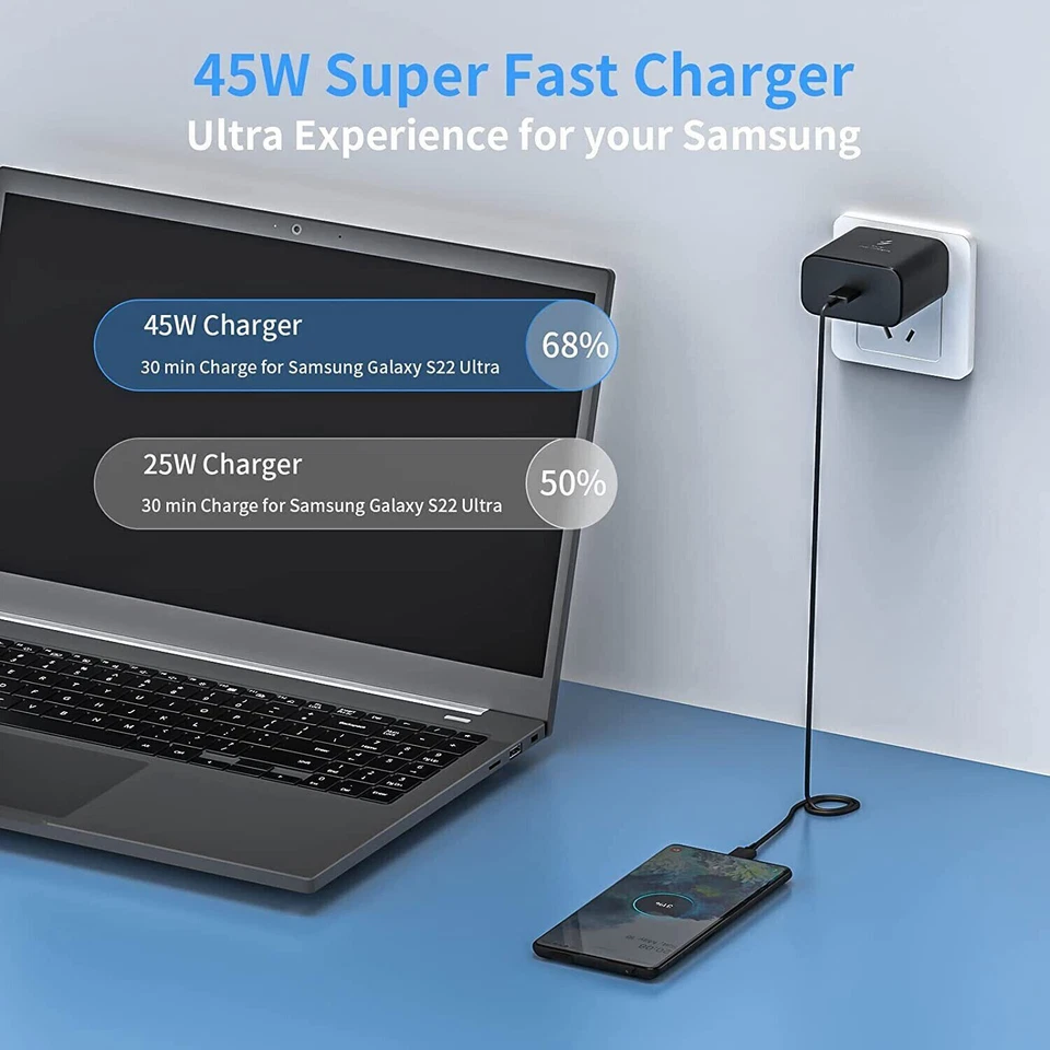 Carregador de parede 45W USB-C super rápido + cabo de 6 pés para Samsung Galaxy S20/21 S22 S23 ✅ - Imagem 2 de 4