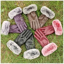 Lady Faux Leather Fleece Lined Gloves Faux Fur Trim Touchscreen Thermal Winter