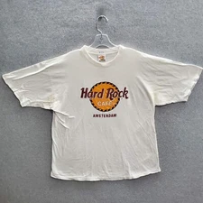 VINTAGE Hard Rock Cafe Men T-Shirt XL White Logo Amsterdam Short Sleeve 90s READ