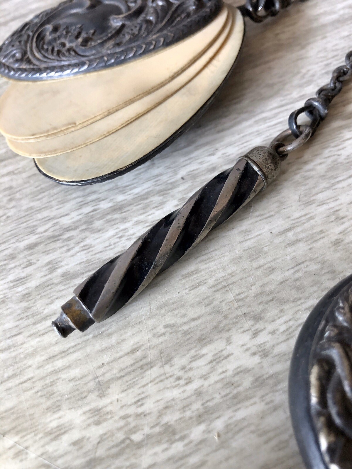 Antique 1880-90 American Silver Chatelaine, 5 Tool, Brooch