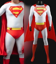 White Superman Cosplay Jumpsuit Cloak Cos Bodysuit Adult Kids Halloween Costume
