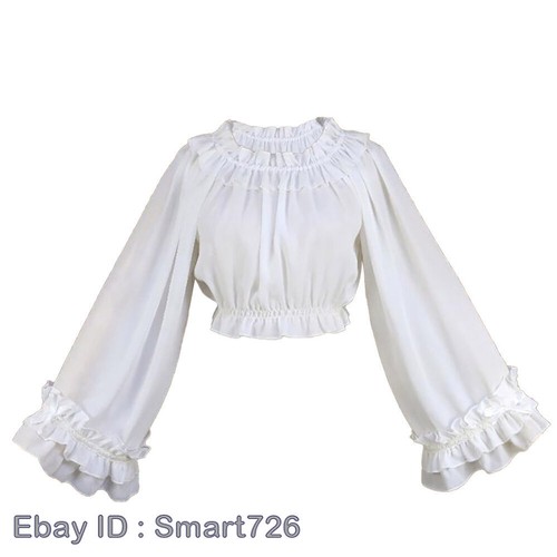 Women's Frilly Half/Long Sleeve Chiffon Blouse Plain Victorian Renaissance Top - Picture 14 of 30