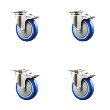 5 Inch 316SS Blue Polyurethane Swivel Top Plate Caster Set Total Lock Brake SCC