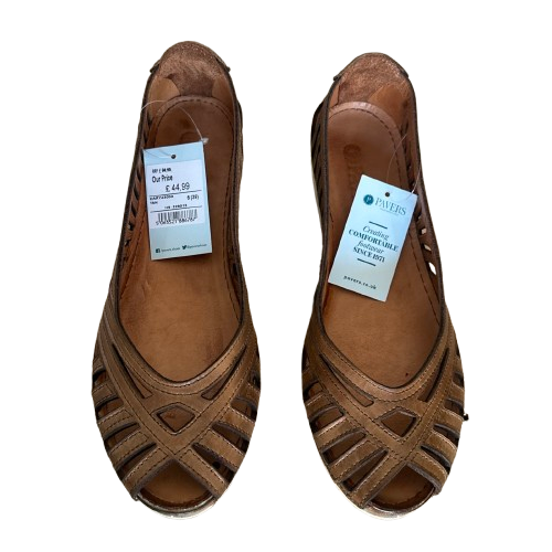 Pavers Flat Ballet Womens Tan Brown Sz UK 6 EU 39 Leather Cut Out Peep Toe Shoes