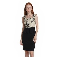 Tahari Dress Women's Size 6 Black Cream Floral Toile Beaded Peplum Cocktail