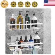 2 Pack Adhesive White Shower Caddy Organizer with Hooks, Rustproof No Drillin...