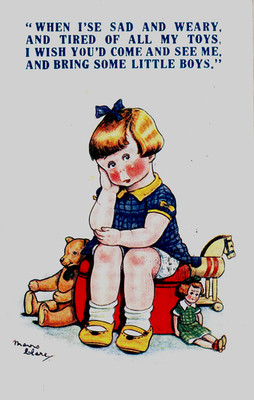 Künstler-AK 1946 - Mädchen m. Puppe, Holzpferd + Teddy-Bär - Verlag: H.B. LTD.