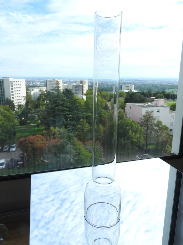 ancien VERRE TUBE CHEMINEE GLOBE  14" ligne signé cristal pour lampe à pétrole - Photo 2/4
