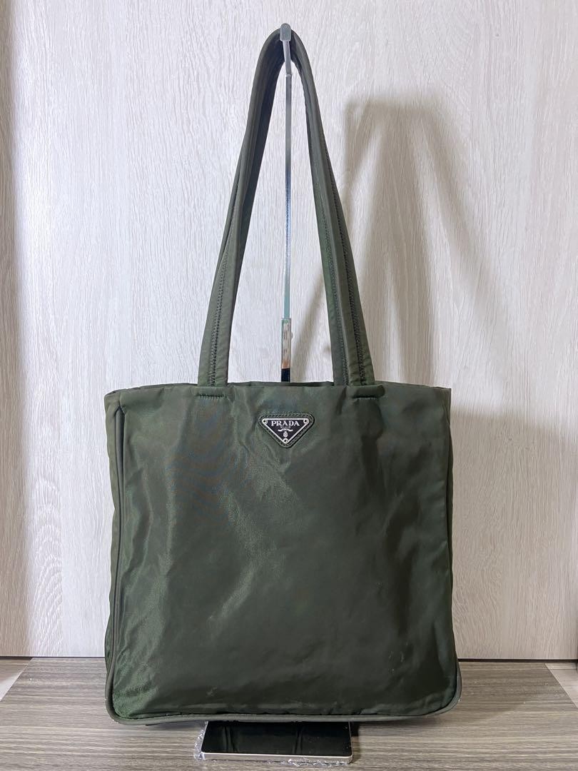 PRADA Khaki Nylon Tote Bag with Triangle Logo Large Shoulder Bag Made in Japan