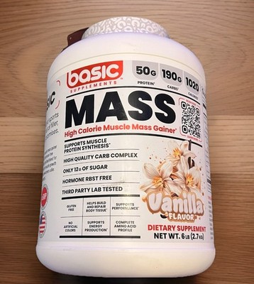 BASIC SUPPLEMENTS Mass Gainer Protein Powder Vanilla 6lb 12/27