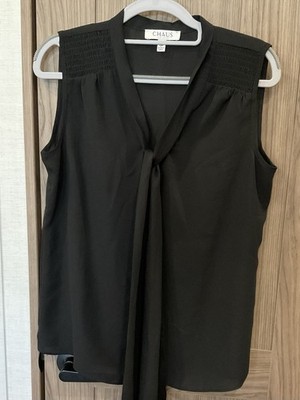 CHAUS New York Womens Black Sleeveless V Neck W/ Tie Blouse Size XS