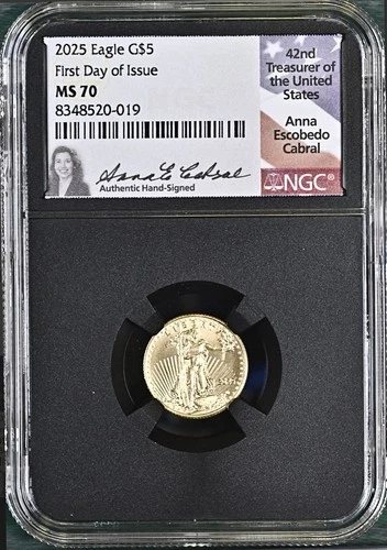 2025 AMERICAN $5 GOLD EAGLE 1/10 OZ NGC MS70 ANNA CABRAL SIGNED $1,500 VALUE