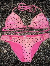 Victoria  s Secret PINK Y2K Swimsuit Bikini Size Large Heart Polka Dot Ruffle Set