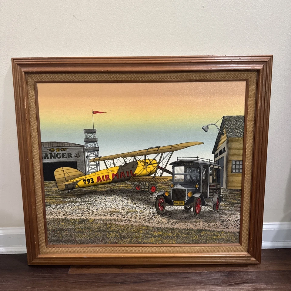 "Pintura al óleo enmarcada de H. Hargrove correo aéreo biplano en el hangar correo de Estados Unidos 29x25""" Foto 2 de 4