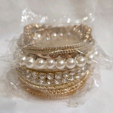 10 Gold Tone 7" Stackable Layered Bracelet Set, Twisted, Pearl Look, Rhinestone