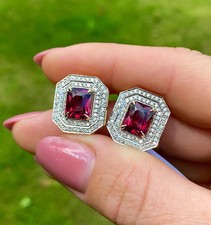 5Ct Radiant Cut Natural Red Garnet &Diamond 14K Yellow Gold Luxury Earring Stud