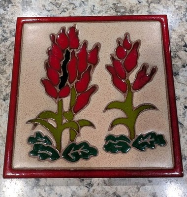 Whipple & Sibley Native American Art Hand Painted Red Floral Art Tile Trivet 