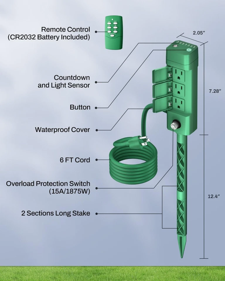 Temporizador de estacas de patio con tira de alimentación para exteriores BN-LINK 6 tomas de corriente conectadas a tierra 100 pies de largo alcance Foto 2 de 4