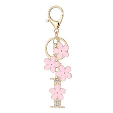 Initial Letter I Keychain, Pink Flower Alphabet Key Chain for Girls, Gold Pla...