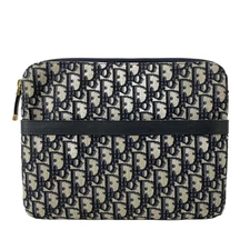 Auth DIOR/ChristianDior Logogram Cream Black Blue Jacquard Leather Clutch Bag