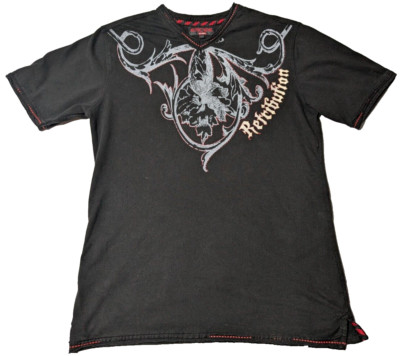 EMCEE RETRIBUTION Men Large Black V-Neck Embellished Double-Sided T-Shirt READ