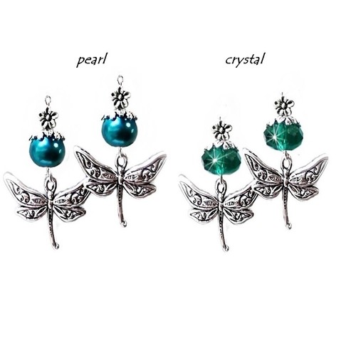 Earrings dragonfly charm, choose pearl or crystal, color and fittings - Picture 11 of 19