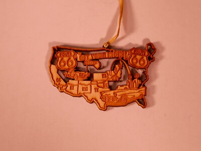 Get Your Kicks on Route 66! Balsa Christmas Tree Ornament Vintage Shape of USA