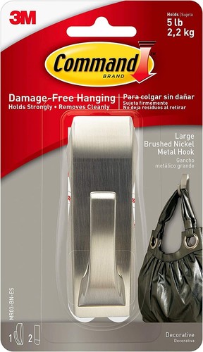 Command 5 lb. Large Brushed Nickel Metal Hook (1 Hook, 2 Strips)