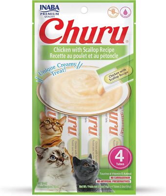 Churu Lickable Purée Natural Cat Treats (Chicken with Scallop Recipe, 4 Tubes)