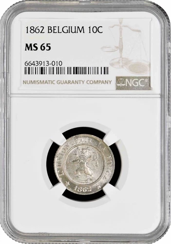 Belgium 10 centimes 1862, NGC MS65, "King Leopold I (1832 - 1865)"