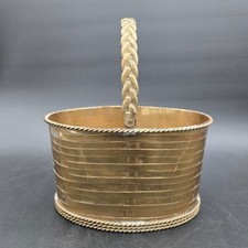 Vintage Solid Brass Oval Woven Basket With Handle Mid Century