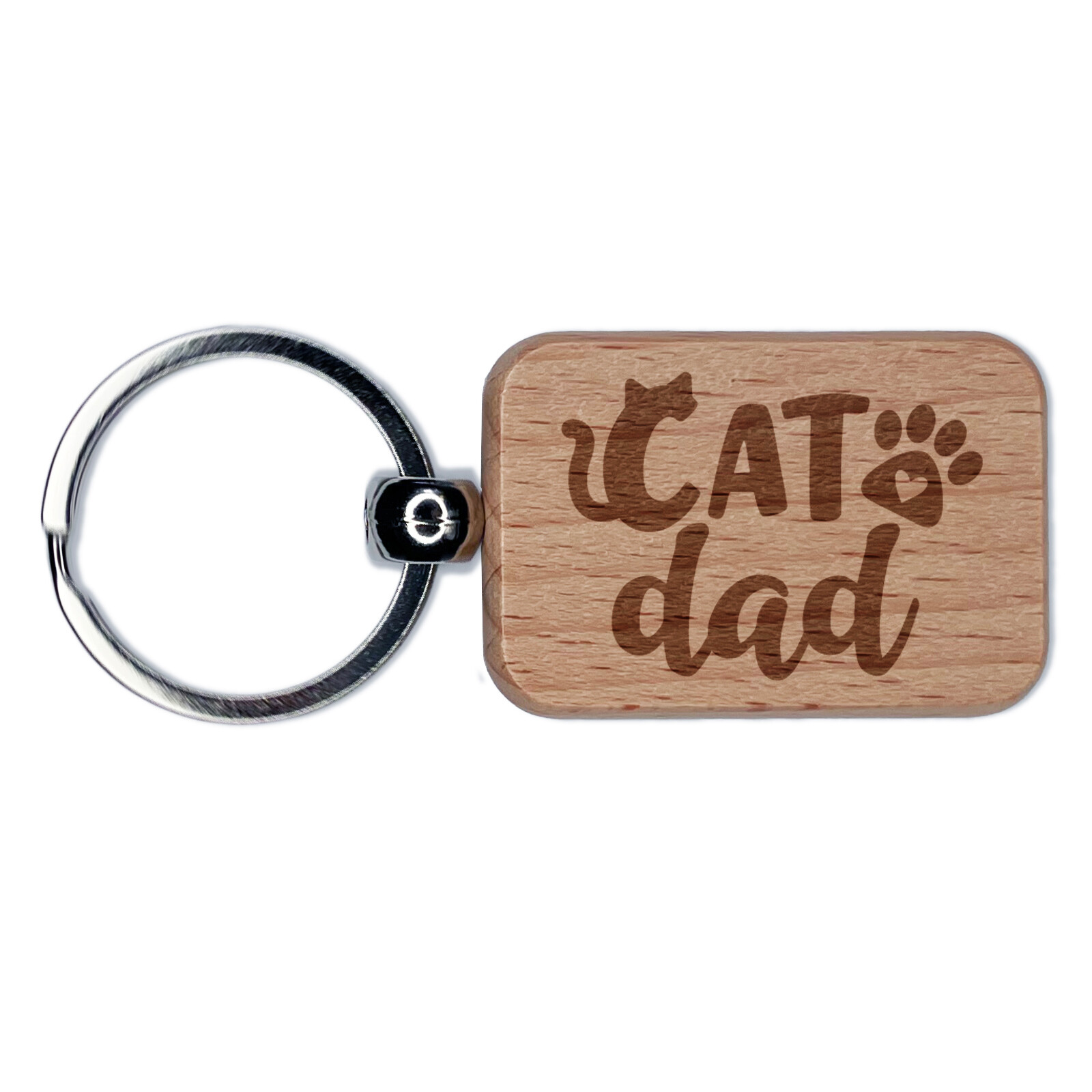 Cat Dad Paw Print Engraved Wood Rectangle Keychain Tag Charm