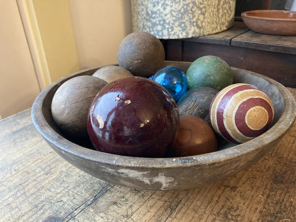 Lot Of 10! Antique Primitive Colorful Ball decoration In A Wooden Bowl - Image 2 of 4