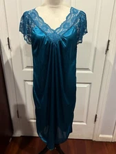 Women Blue Teal Silky Short Sleeve Thin V Neck Lace Nightgown 4XL 40"Lx24"W