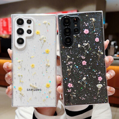Hülle für Samsung S24 S23 Ultra S22 S21FE A53 A52 Glitzer Klar Trockenblume Case