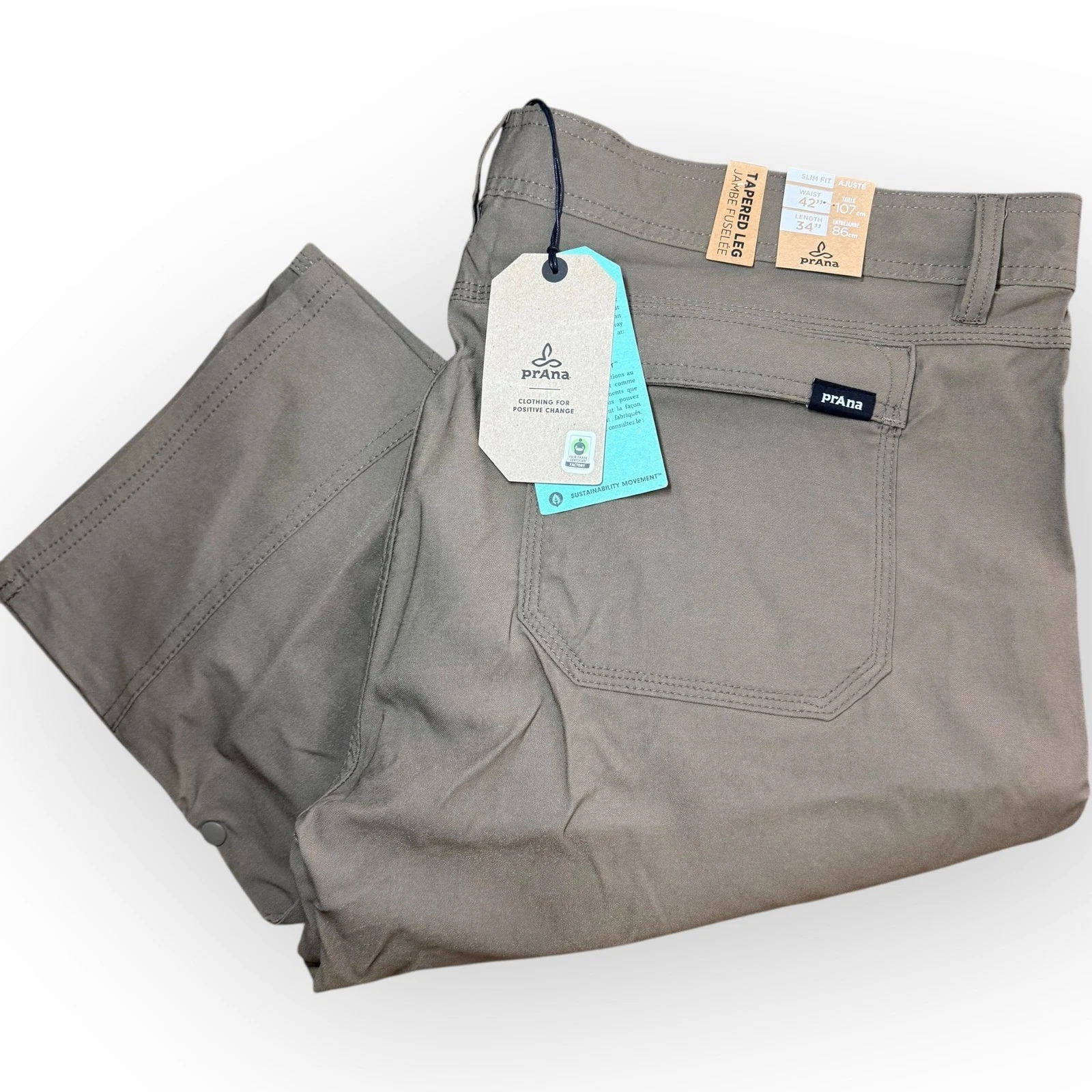 Prana Stretch Zion Slim Pant II Mens 42x34 Mud Brown Tapered Leg Hiking NEW $95
