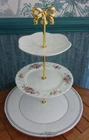 3 tier china cake stand. Mismatched white & pink floral plates Shelley, Aynsley