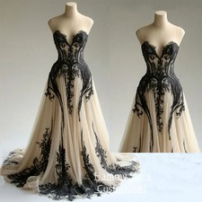 Champagne Wedding Dress with Black Applique Backless Corset Gothic Bridal Gowns
