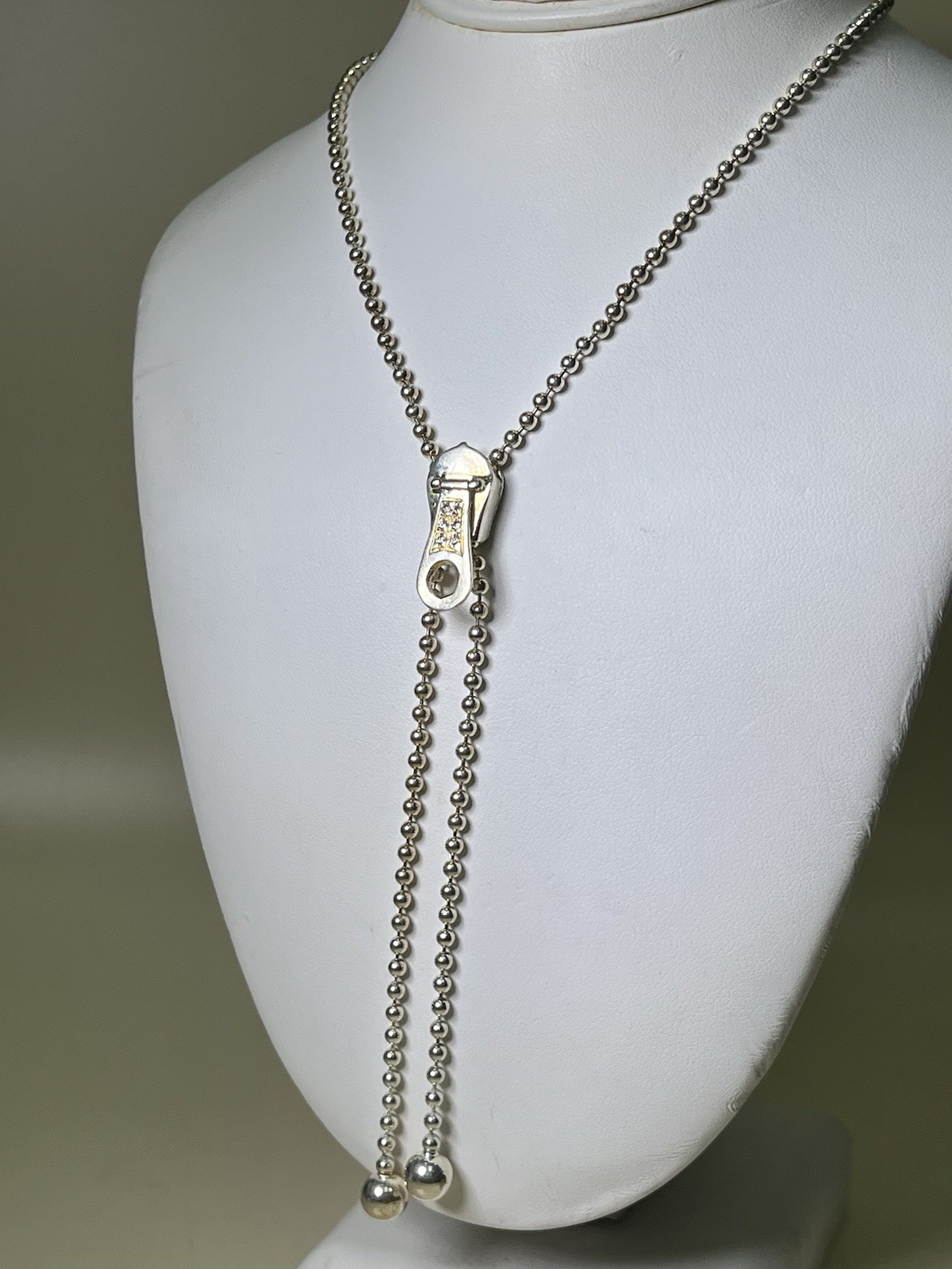 Sterling Silver Adjustable Beaded Chain Necklace & Zipper Pull Pendant, 26”