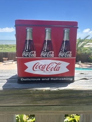 Vintage Coca-Cola Tin Bucket 6-Pack Bottle Design Red Metal Storage Bin Retro