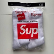 New SUPREME X HANES WHITE Crew Socks 4 Pack 100 AUTHENTIC ONE SIZE 6-12 SEALED