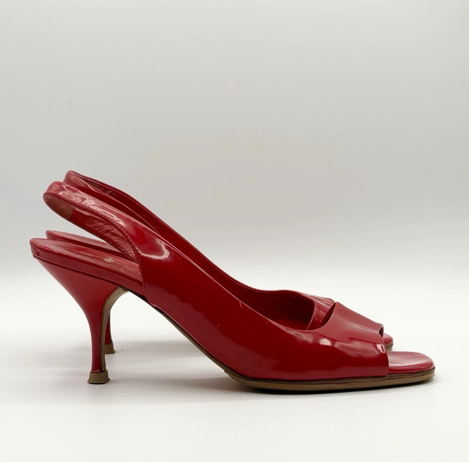 Prada Red Patent Leather Slingback Kitten Heels Pumps Vintage Sz EU 36.5 - Image 3 of 4
