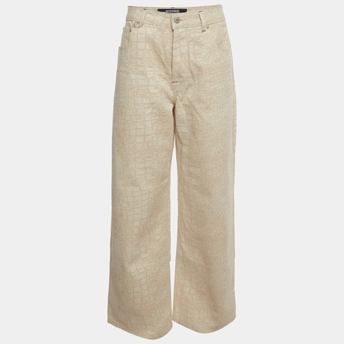 Jacquemus Beige Crocodile Effect Denim Wide Leg Le deNimes Jeans LWaist 33
