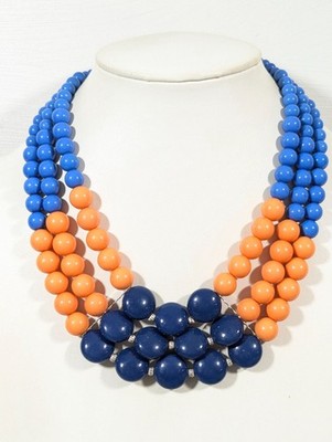 Beachy Boho Blue Orange Bead Multi Strand Statement Necklace 20 in