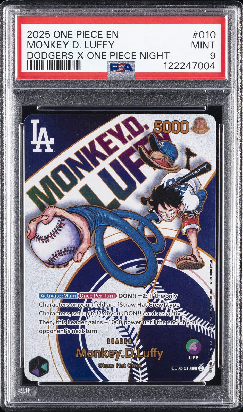 2025 ONE PIECE PROMOS DODGERS X ONE PIECE NIGHT  #010 MONKEY D. LUFFY PSA 9